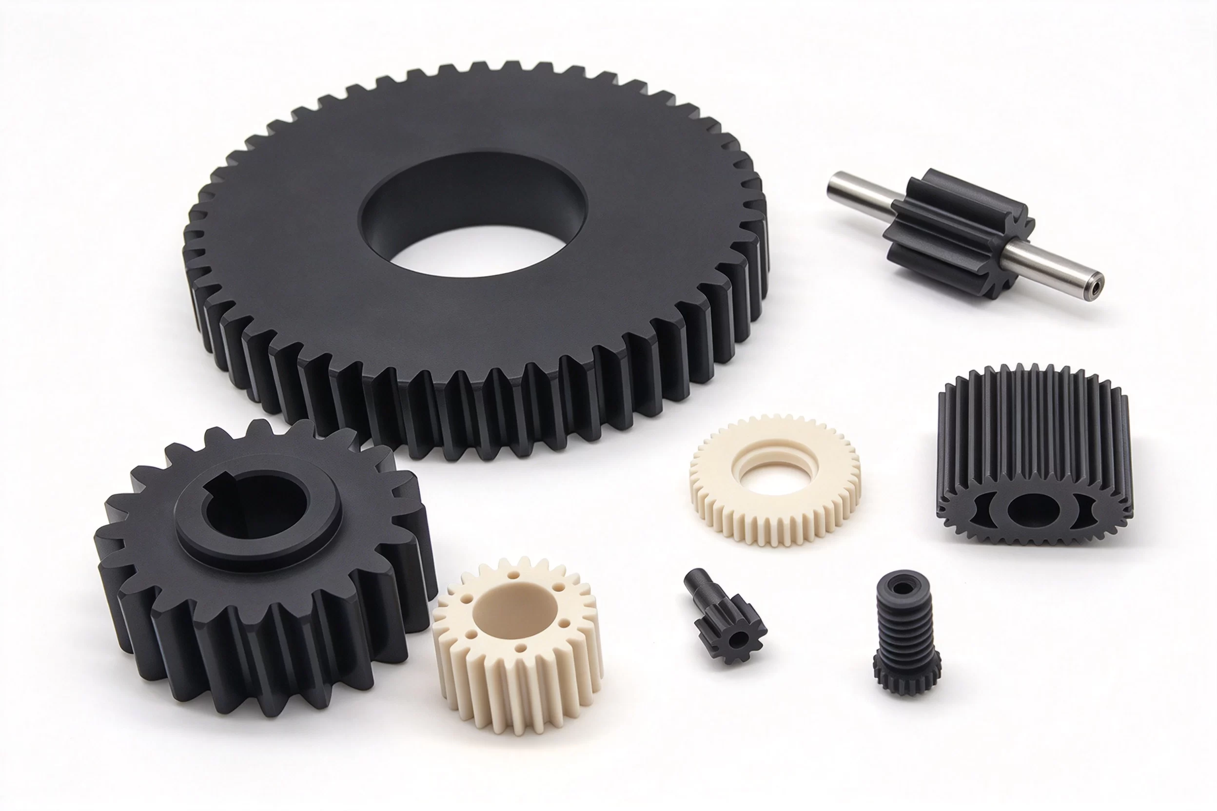 PEEK Custom Spur Gears & Pinion Gear Set CNC machined PEEK plastic gears, large spur gear and small pinion gear for mechanical transmission, wear resistant engineering plastic parts