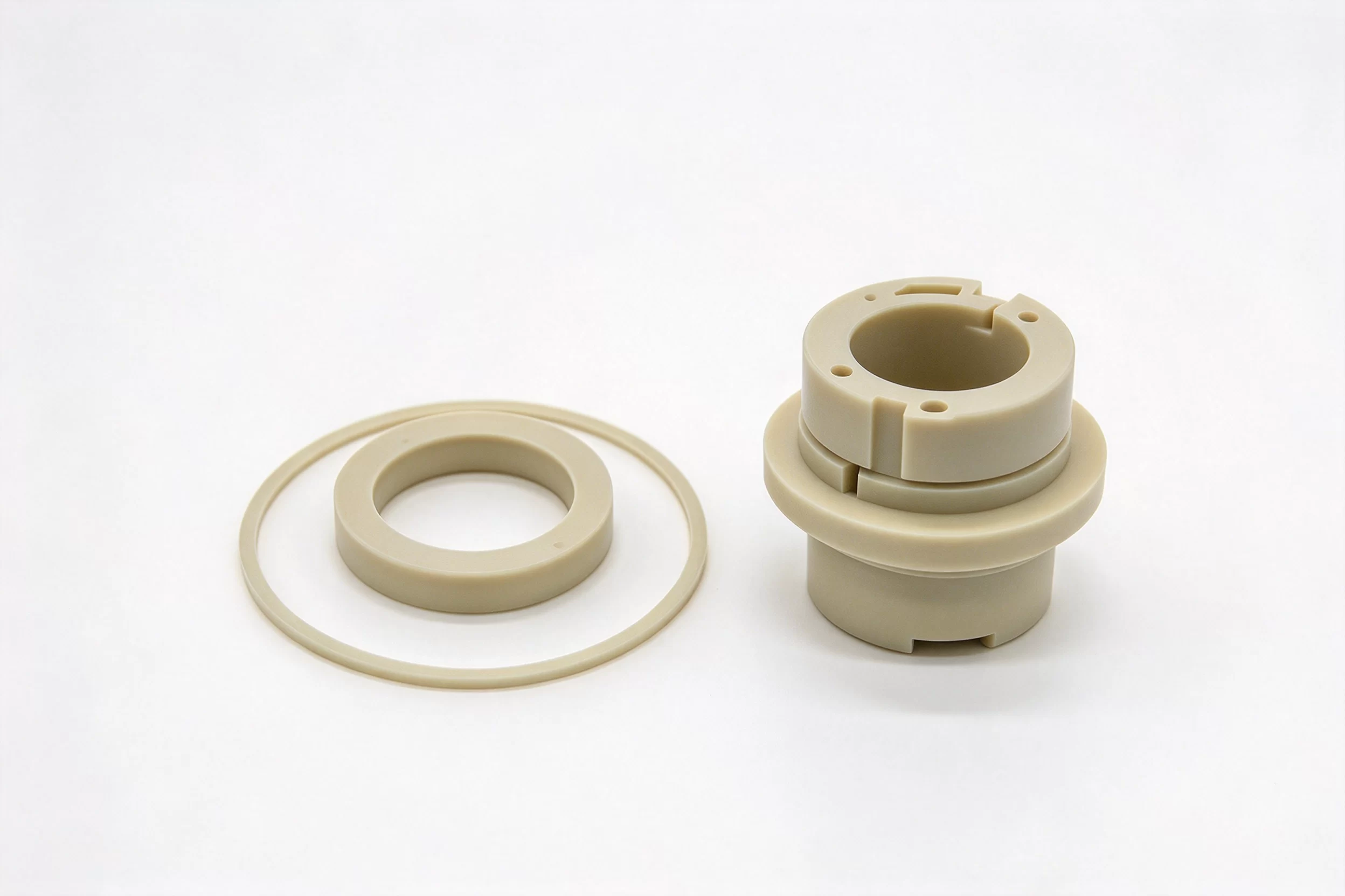 PEEK CNC Machined Bushings & Sealing Rings High performance PEEK plastic custom machined components, peek bushing, spacer and sealing rings for industrial equipment