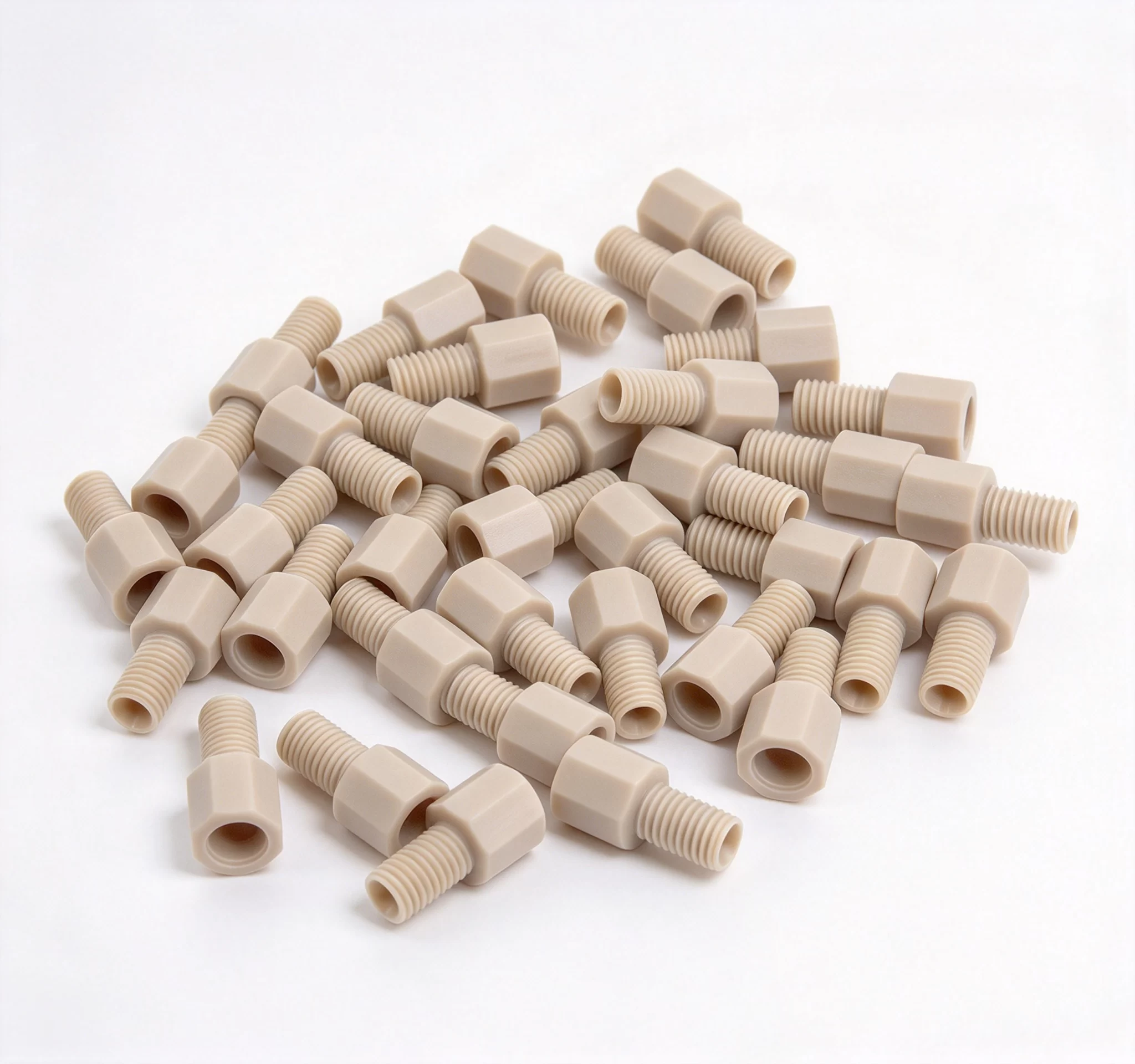 PEEK Threaded Hex Fitting Connectors Custom CNC machined PEEK threaded hexagonal fittings, high precision plastic screw connectors for fluid system