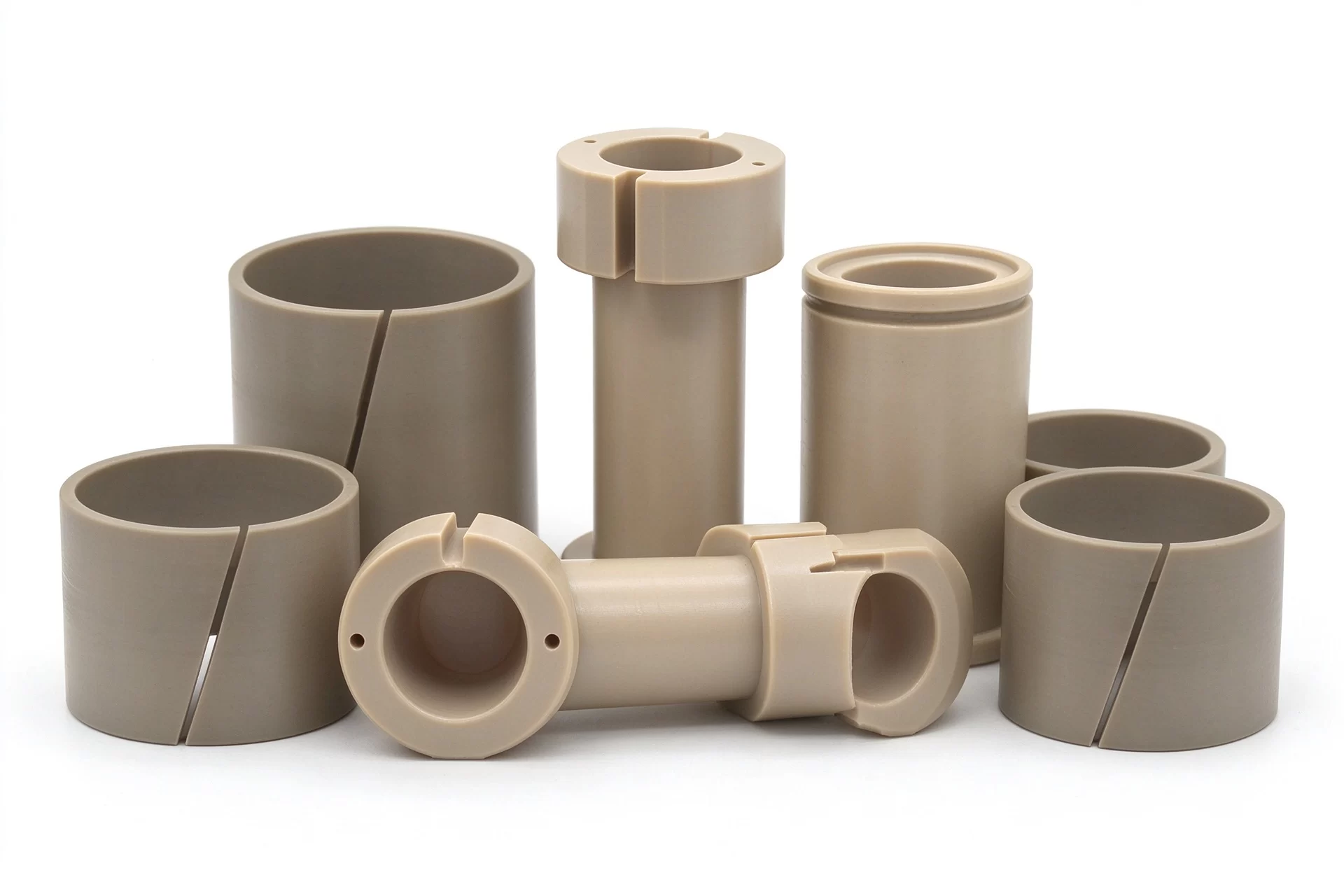 PEEK Custom Machined Cylindrical Bushings & Sleeves High temperature resistant PEEK plastic sleeves and split bushings, custom CNC turning components for semiconductor and machinery