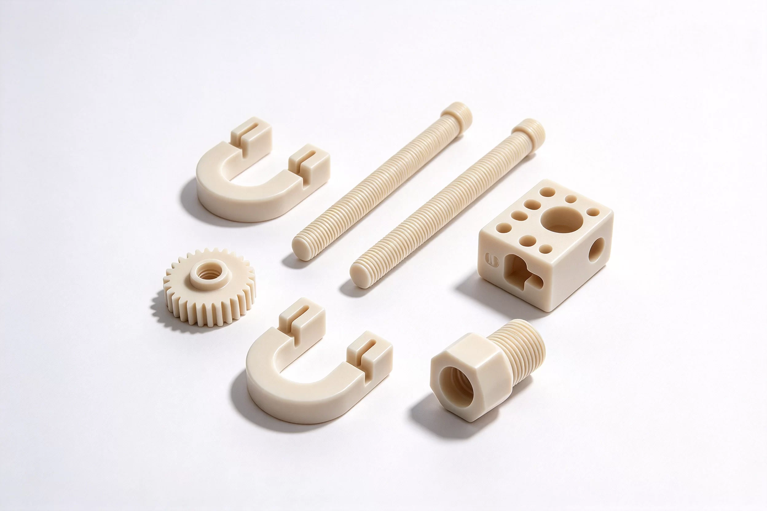 CNC machined plastic parts.jpg CNC machined engineering plastic parts, precision bushings, fixtures and low volume functional components